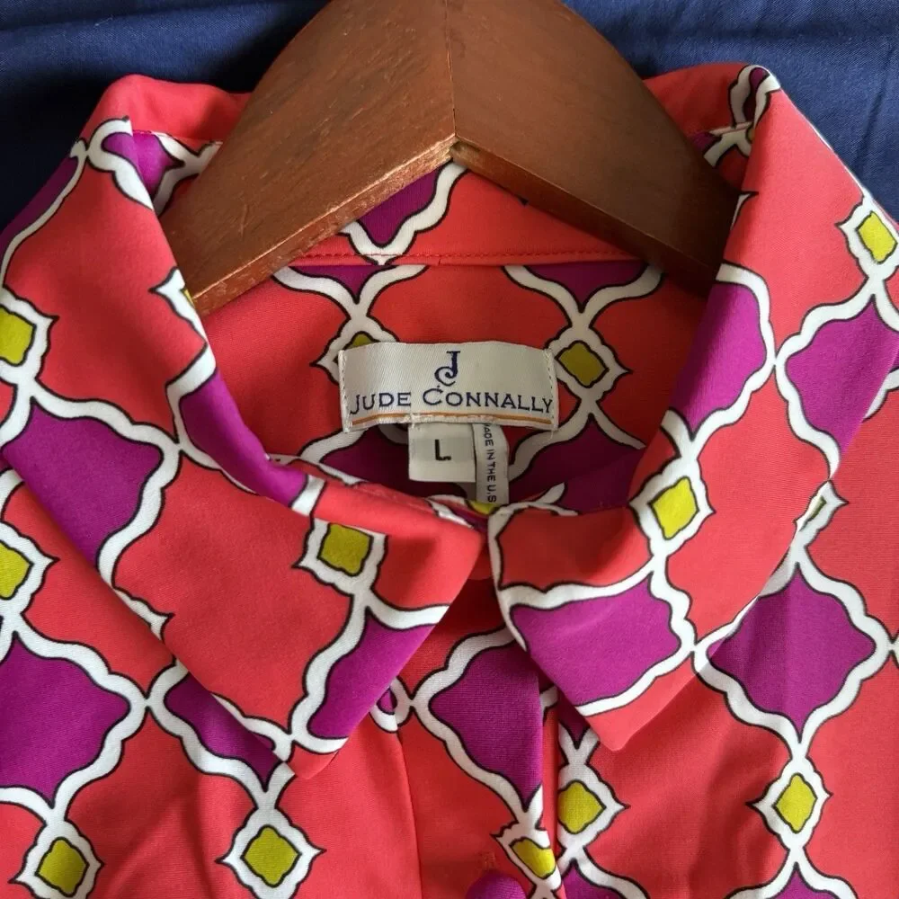 Jude Connally Moroccan Lattice shift dress Size L Red Pink Purple Geo Print Tie